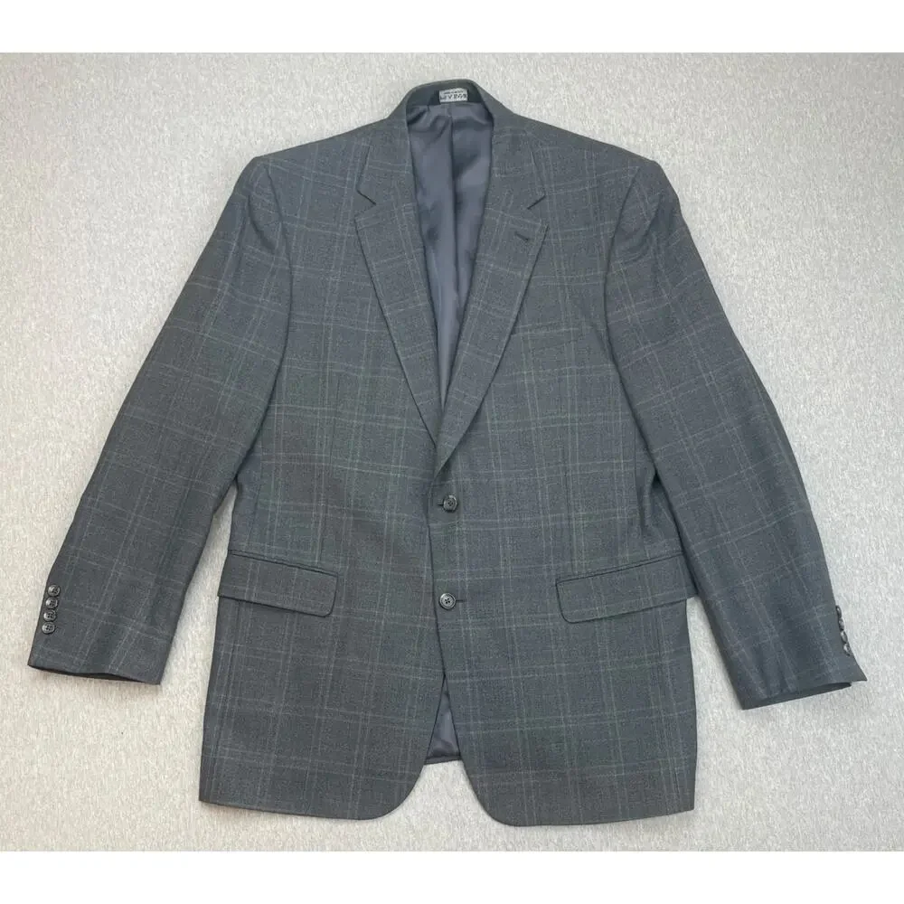 Jos A Bank Blazer Mens 44L Gray Windowpane 100% Wool 2-Button‎ Single Breasted